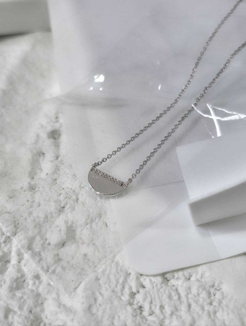 Sterling Silver Half-Moon Pendant Necklace with Cubic Zirconia